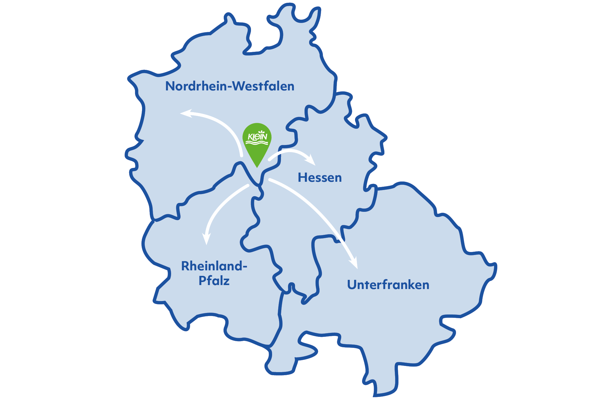Karte unserer Vertriebgebiete Rheinland-Pfalz, Nordrhein-Westfalen, Hessen und Unterfranken