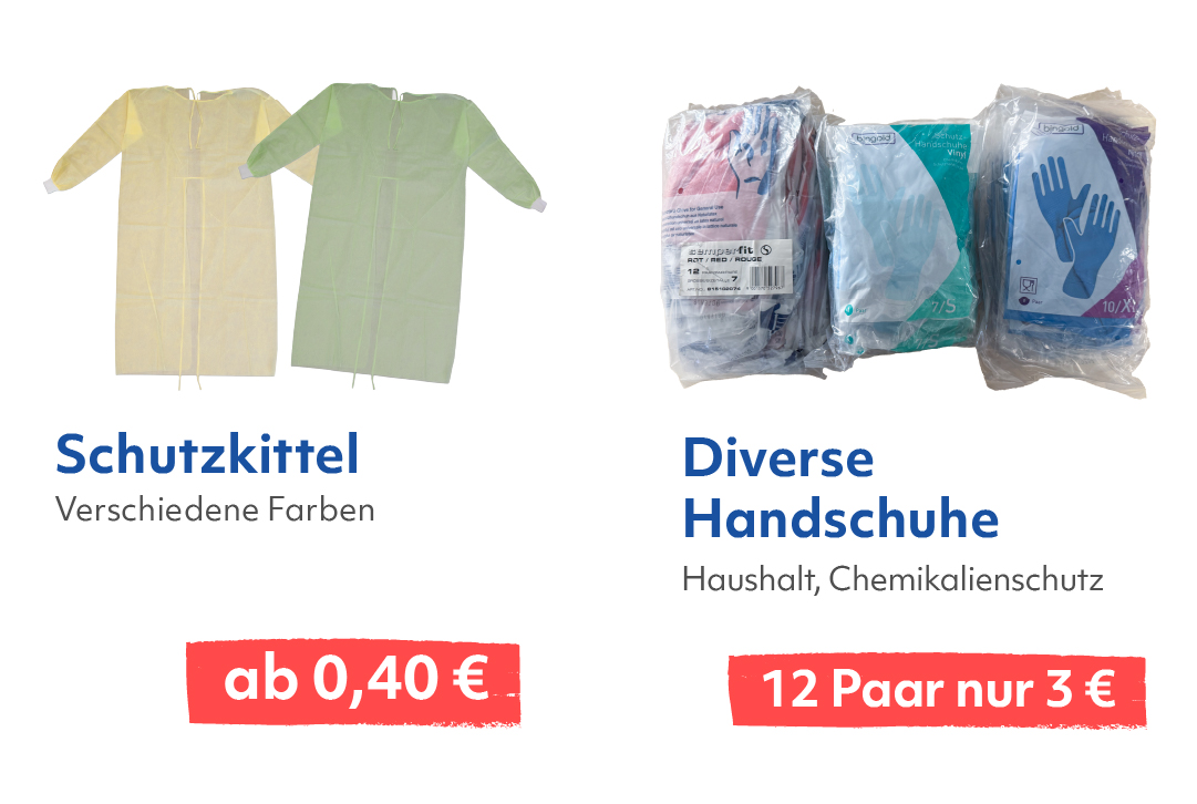 Angebot für Schutzkittel und Schutzhandschuhe zu reduzierten Preisen.