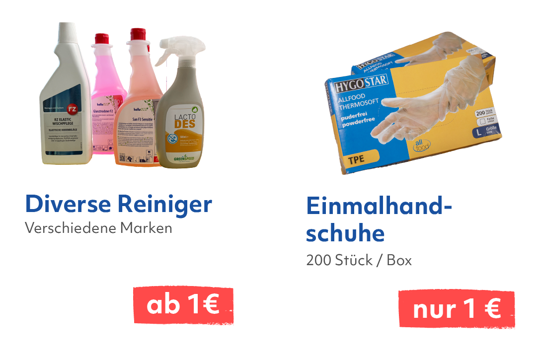 Angebot für diverse Reiniger und Einmalhandschuhe mit reduzierten Preisen.