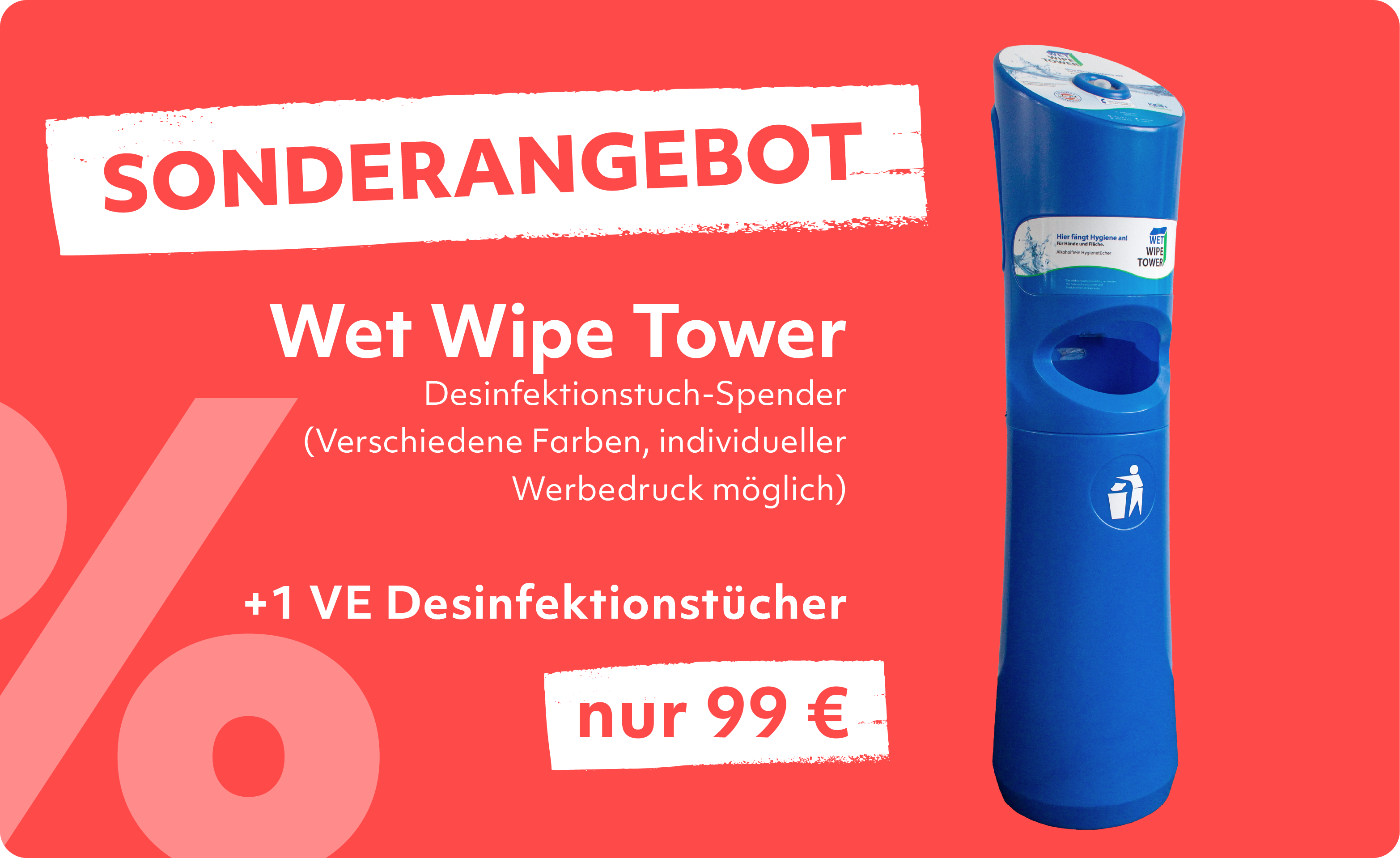 Sonderangebots-Schild eines Wet Wipe Tower mit Rabattangabe und Preisetiketten auf rotem Hintergrund.