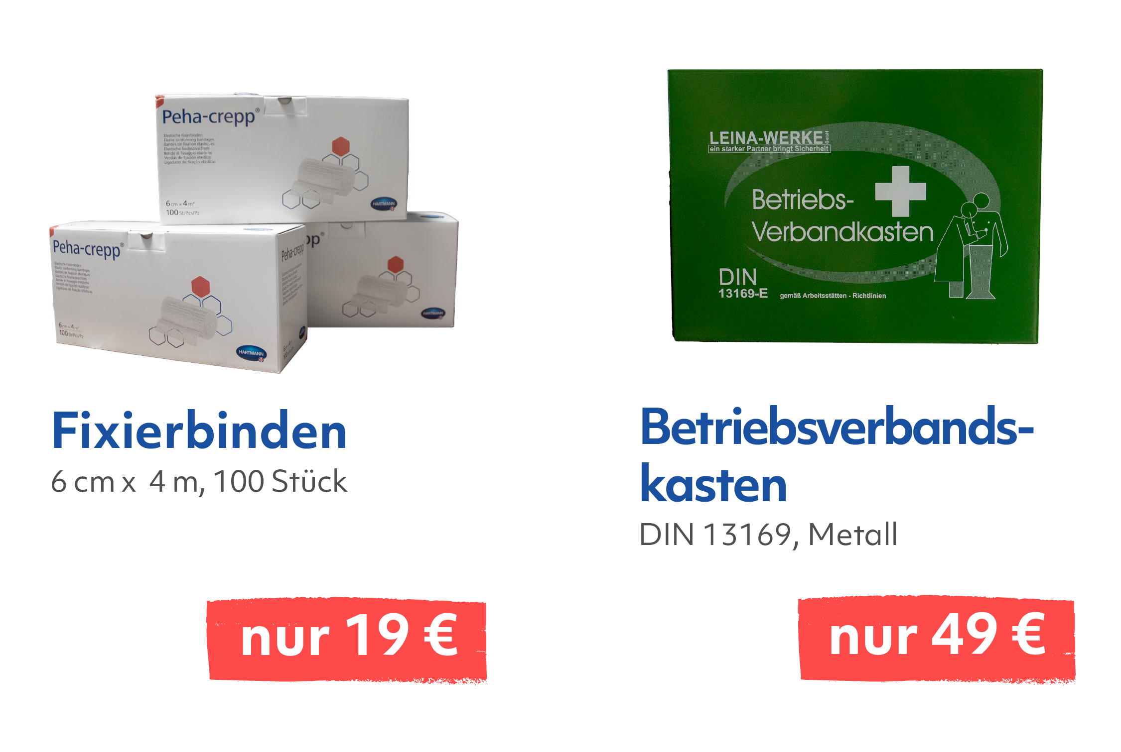 Angebot für Fixierbinden und einen Betriebsverbandskasten zu reduzierten Preisen.