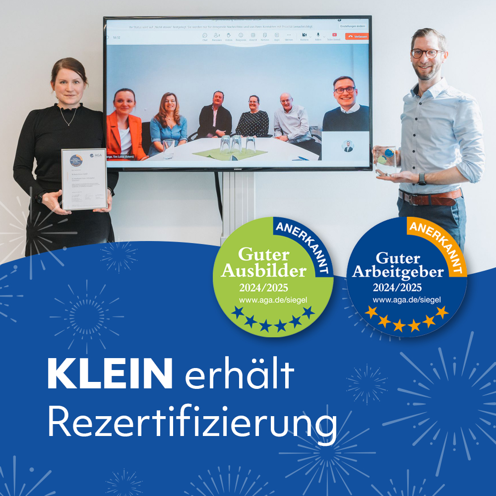 Das KLEIN-Team bei der AGA-Siegel Rezertifizierung "Anerkannt Guter Arbeitgeber" und "Anerkannt Guter Ausbilder"