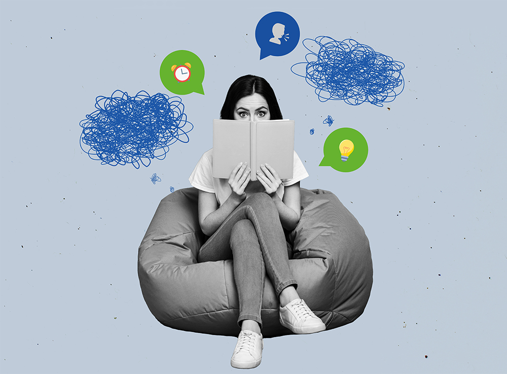 Illustration, Frau versteckt sich hinter Collegeblock und hat viele verschiedene Gedanken 