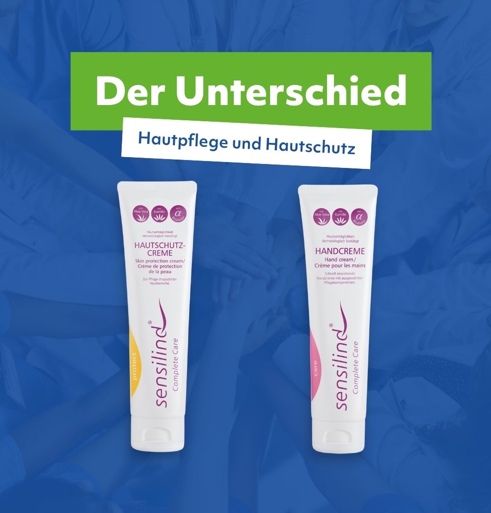 SENSILIND Hautschutzcreme und Handcreme von KLEIN im Vergleich, Titelgrafik zum Unterschied zwischen Hautpflege und Hautschutz