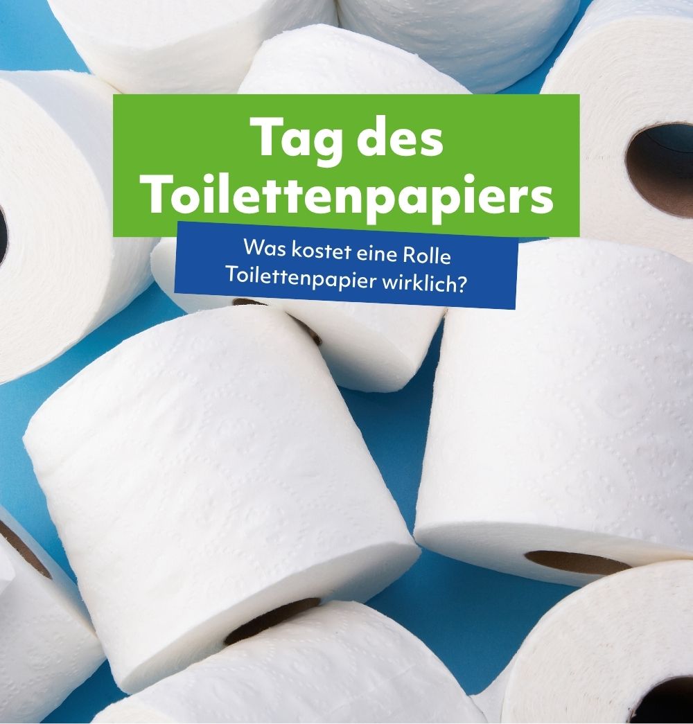 Mehrere Toilettenpapierrollen im Stapel, Titelgrafik zum Tag des Toilettenpapiers, was kostet eine Rolle Toilettenpapier wirklich