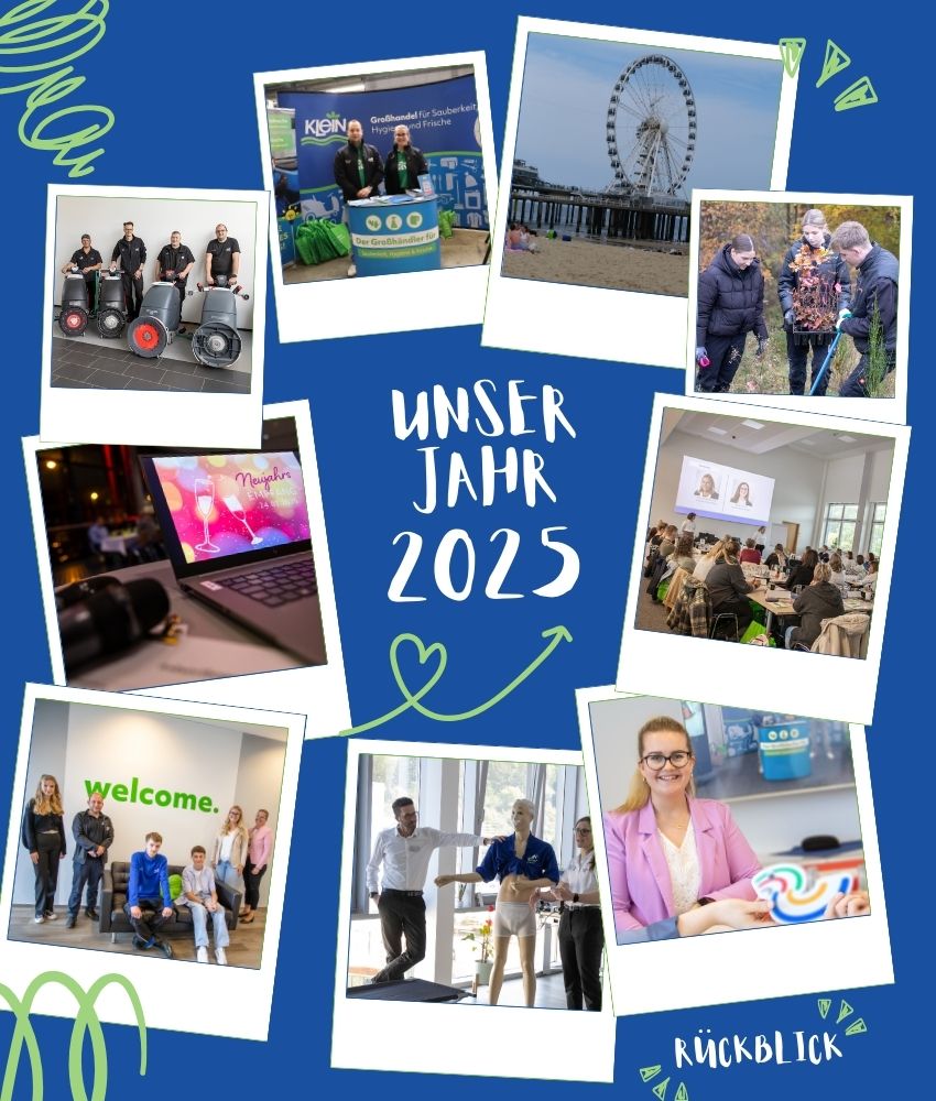Grafische Collage mit Fotos von Events und Aktivitäten des Jahres 2025 bei KLEIN, inklusive Firmenausflug, Messen, Schulungen und Teamaktionen.