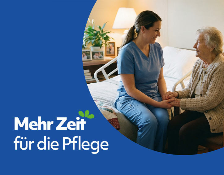 Pflegekraft unterstützt Seniorin im Bewohnerzimmer – Symbol für Entlastung durch externe Leistungserbringer in Pflegeeinrichtungen.