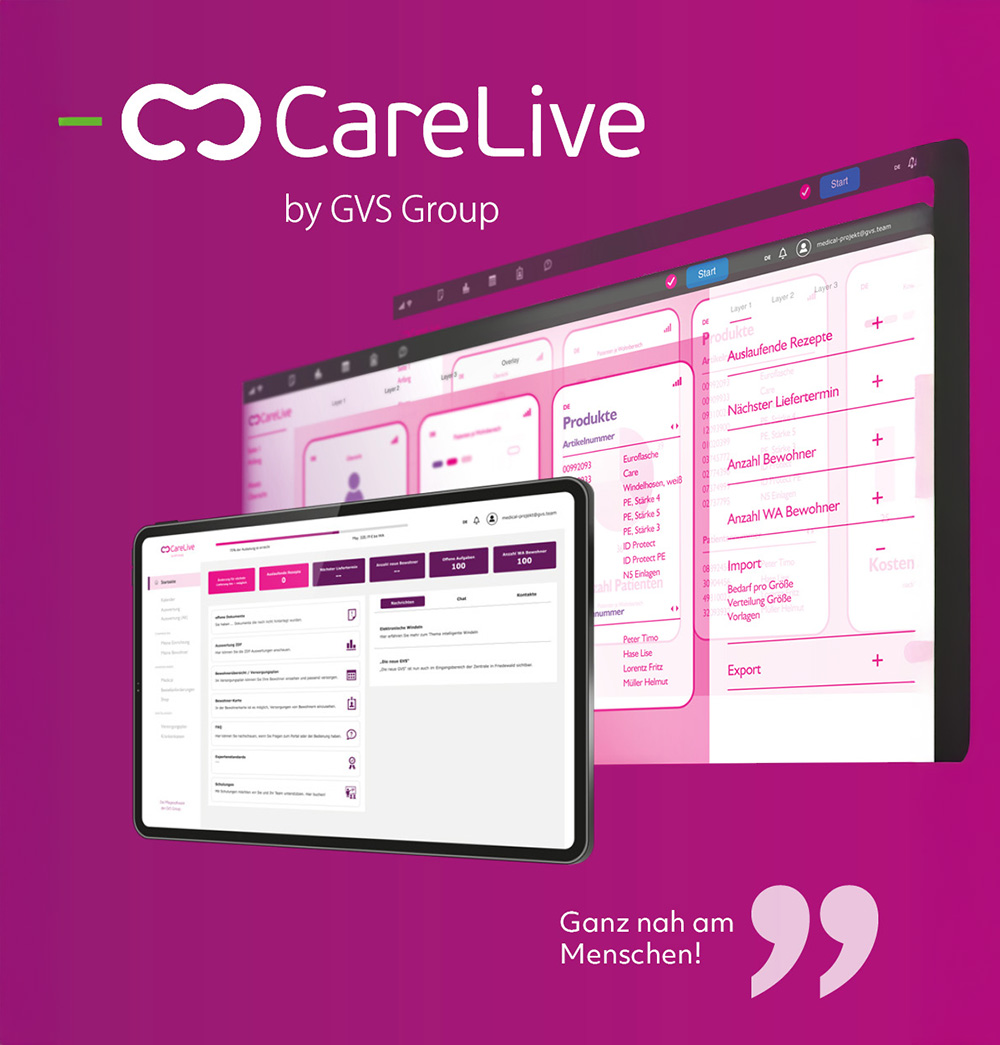 CareLive Benutzeroberfläche mit Funktionen wie Rezepterfassung, Produktübersicht und Lieferterminen, dargestellt auf Tablet und großem Bildschirm.