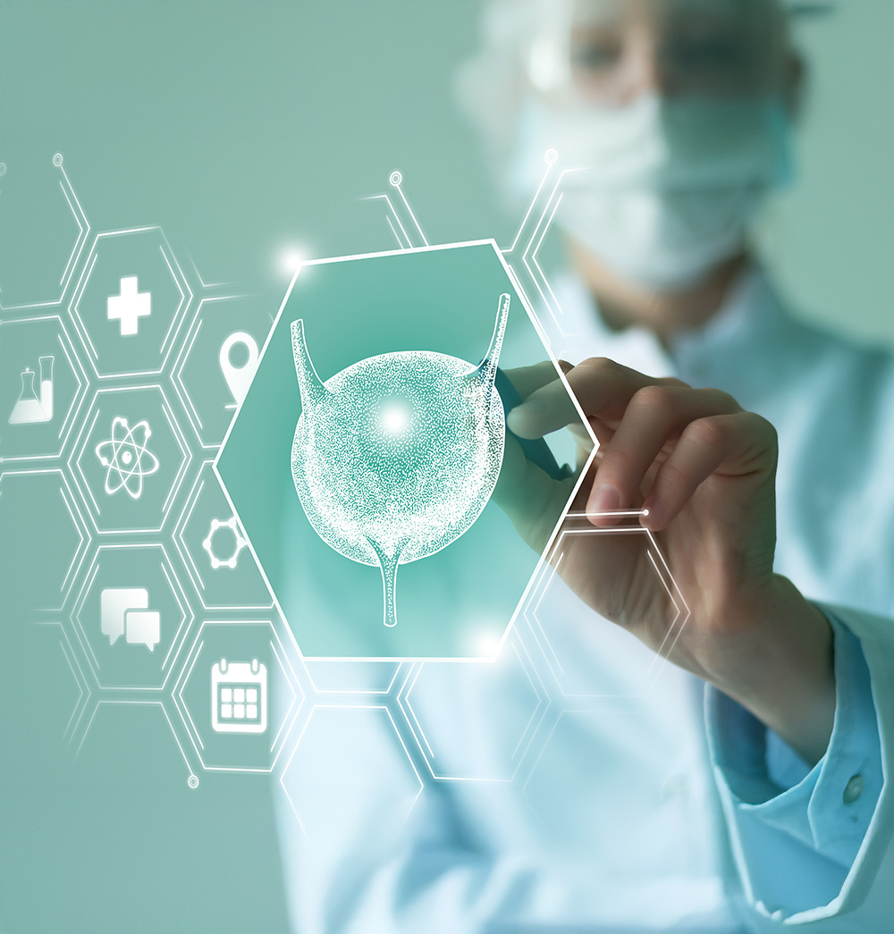 Digitale Darstellung einer Blase auf futuristischem Interface mit medizinischen Symbolen wie Kreuz, Atomstruktur und Laborflasche.