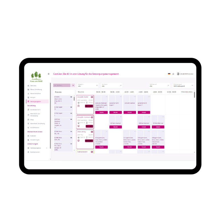 Dashboard der CareLive Software für digitales Versorgungsmanagement und Bewohnerplanung.